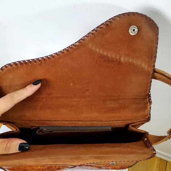 Vintage 70's Reptile Skin Satchel Tan Triangular Lacing - Picture 6 of 10